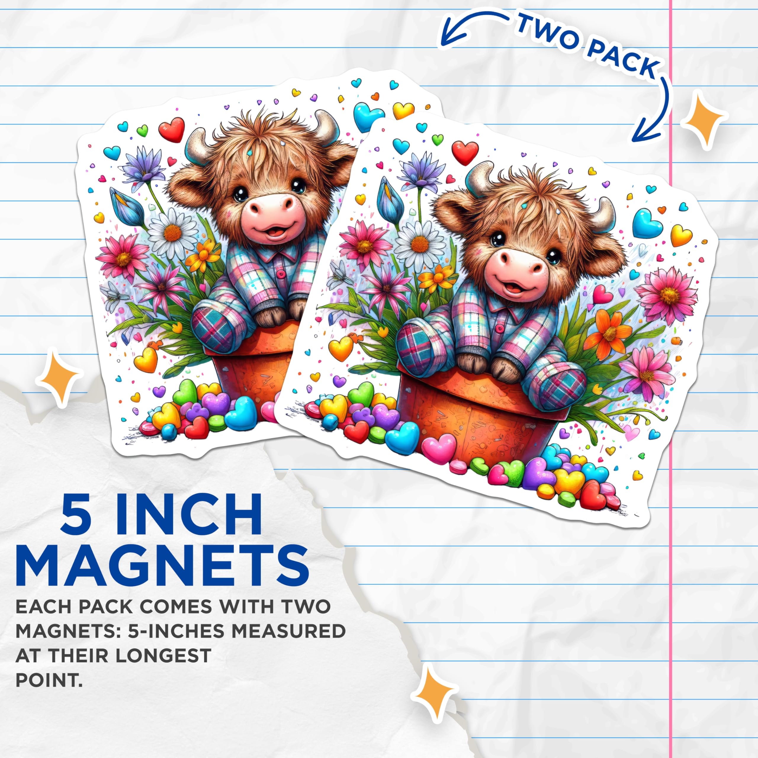 (2 Pack) Highland Cow Magnets - Cute Cow with Flowers - Refrigerator Magnets Decor - 5" On Longest Side - Premium Magnet - for Cars, Refrigerators, Toolboxes, Lockers - Made in USA - MAG14531