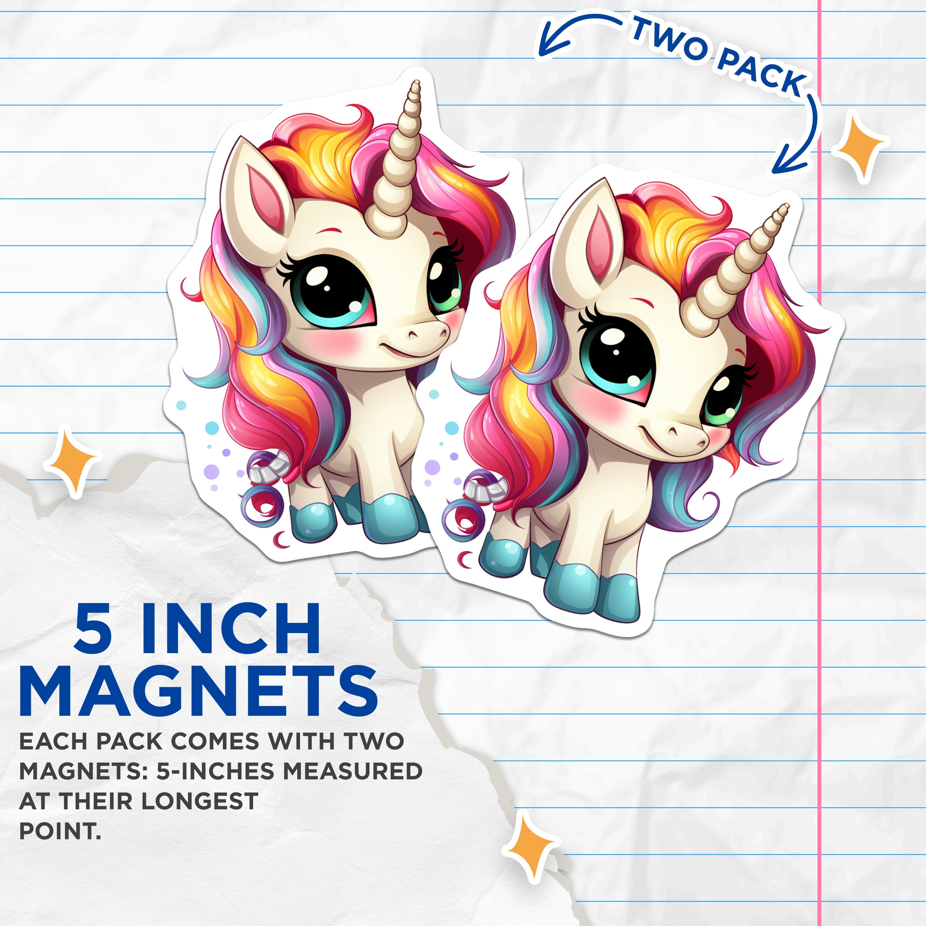 (2 Pack) Cute Rainbow Unicorn Magnets - Kawaii Fantasy Magical Decor - Mythical Creature for Kids and Students - 5 Inches On Longest Side - Thick Durable Magnet - Made in USA - MAG37354