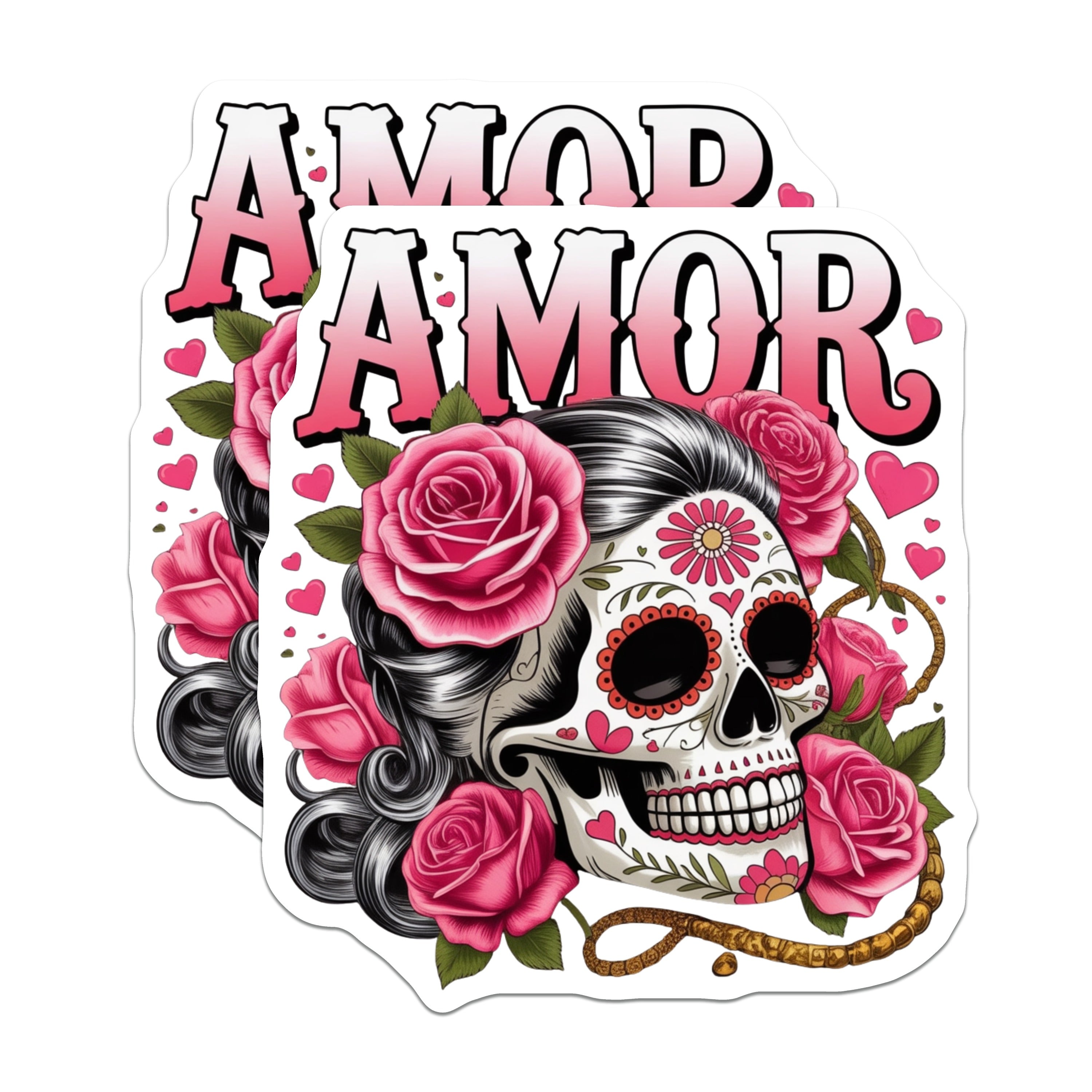 (2 Pack) Day of the Dead Sugar Skull Magnets - Amor Love Roses - Mexican Folk Art Calavera Decor - 5 Inches On Longest Side - Thick Durable Magnet - Made in USA - MAG37084