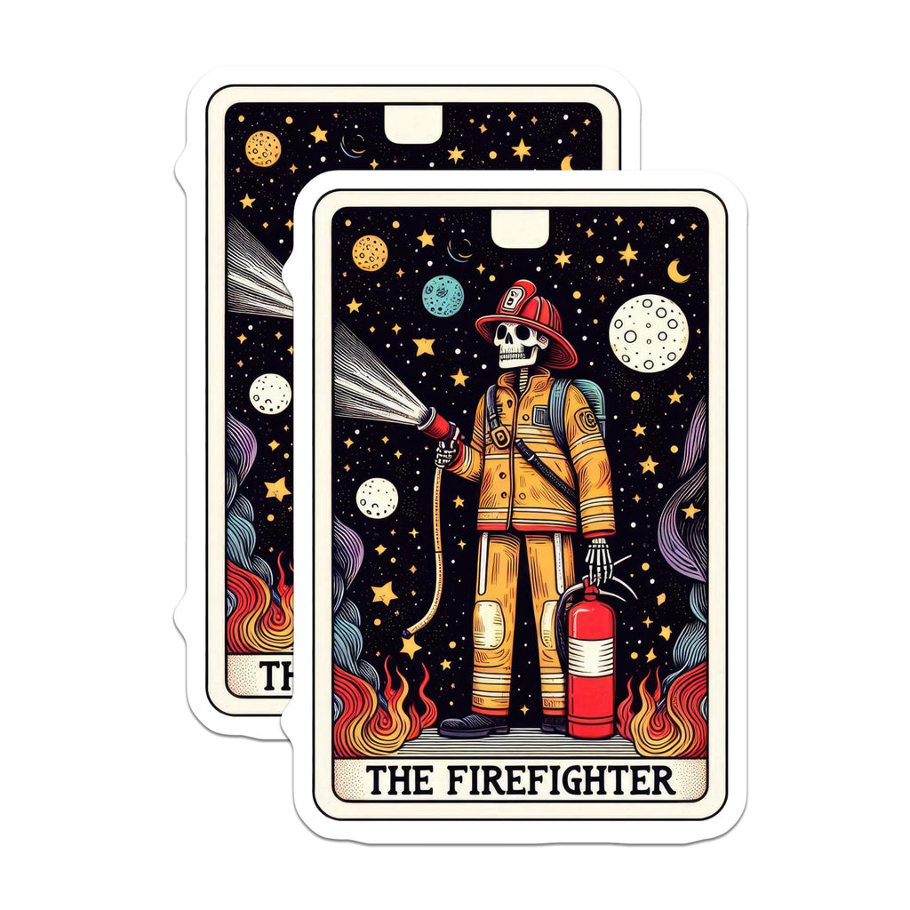 (2 Pack) Firefighter Stickers - Skeleton Firefighter Art - Firefighting Decals - Space Firefighter Sticker Design - 5" On Longest Side - Sticks to Smooth Flat Surfaces - Made in USA - BMCS5409