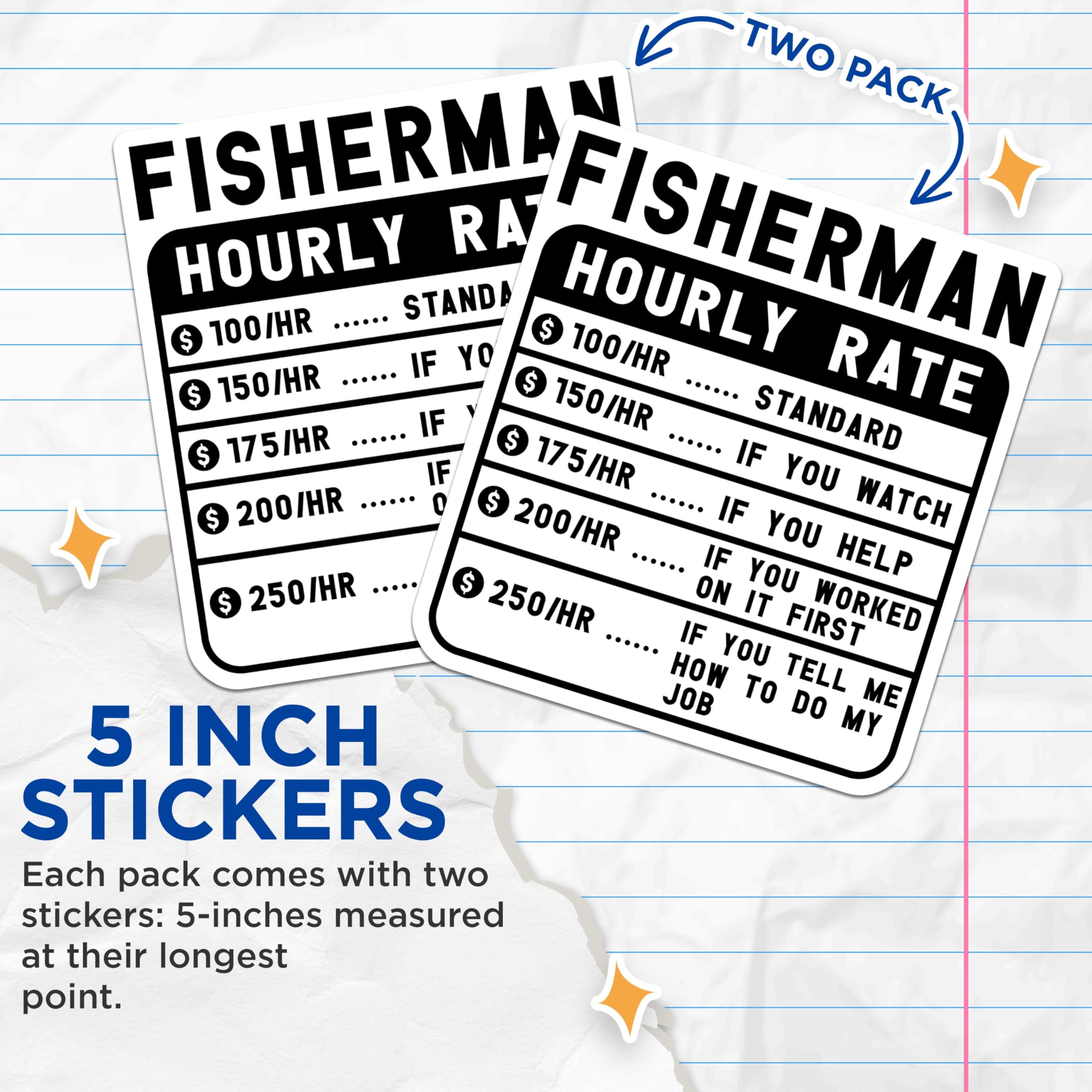 (2 Pack) Fisherman Hourly Rate Stickers - Fishing Humor Stickers - Funny Fishing Decal for Tackle Box Boat - 5" On Longest Side - Sticks to Smooth Flat Surfaces - Made in USA - BMCS4960