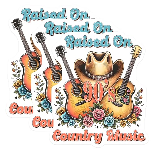 (3 Pack) 90s Country Music Decals - Raised On Country - Cowboy Hat Decal - 3 Inches On Longest Side - Easy Peel & Apply - Made in USA - 3MCS1930