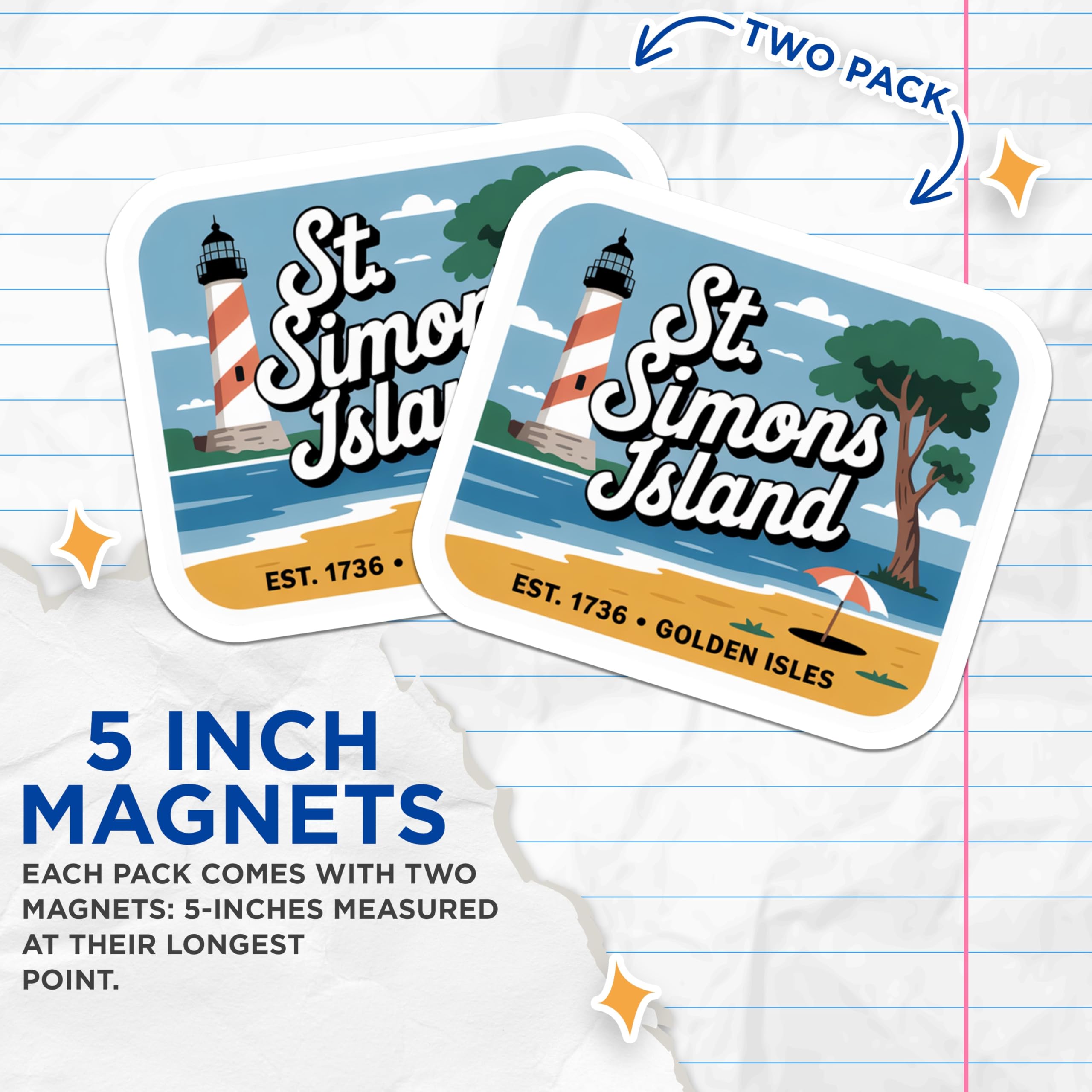 (2 Pack) St Simons Island Magnets - Lighthouse Beach Scene - Golden Isles Travel Souvenir - 5 Inches On Longest Side - Thick Durable Magnet - Made in USA - MAG19189