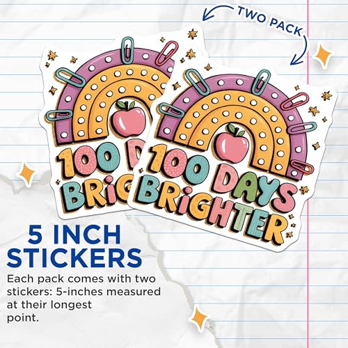 (2 Pack) 100 Days Brighter Stickers - Rainbow Classroom Stickers - Teacher Appreciation Stickers - 5" On Longest Side - Sticks to Any Smooth Flat Surface - Made in USA - BMCS3063
