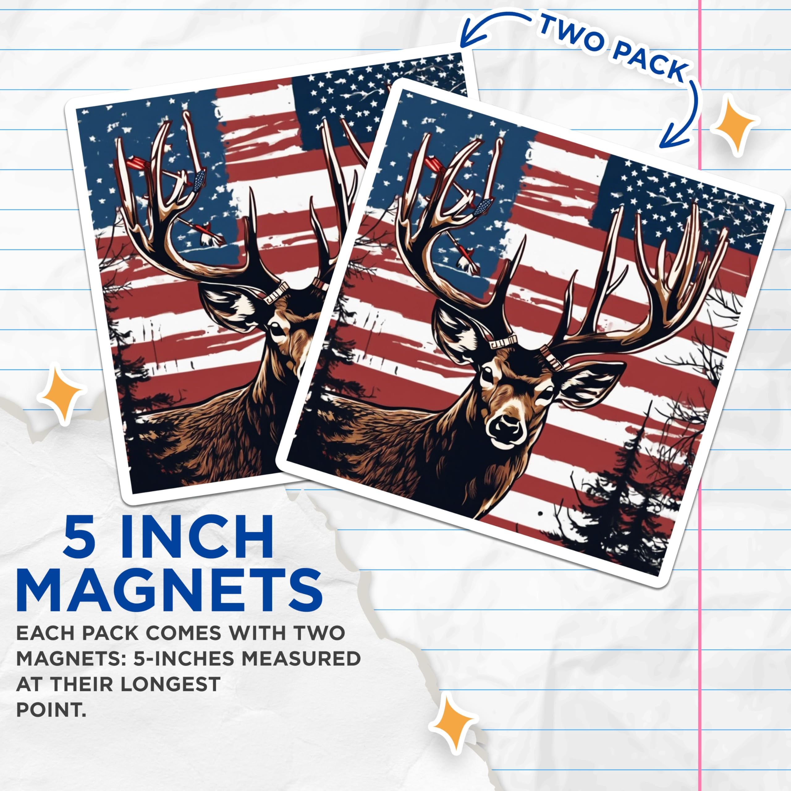 (2 Pack) Patriotic Deer Magnets - American Flag Buck Decals - Hunter Antler Art - Rustic Outdoors USA Wildlife - 5 Inches On Longest Side - Thick Durable Magnet - Made in USA - MAG19576