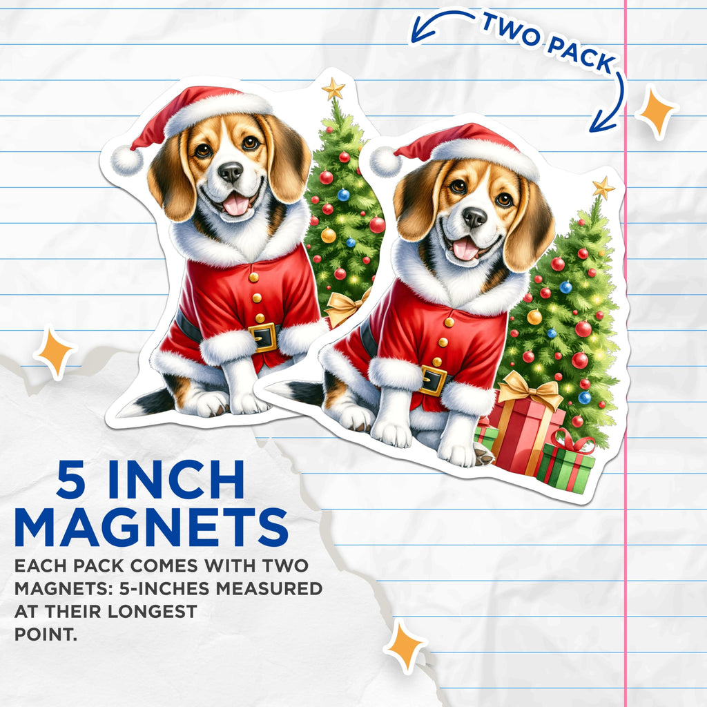 (2 Pack) Christmas Beagle Magnets - Santa Dog Holiday Decor - Cute Puppy Fridge Accents - Pet Lover Seasonal Item - 5 Inches On Longest Side - Thick Durable Magnet - Made in USA - MAG26280