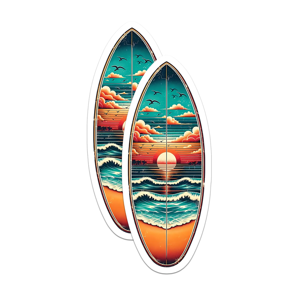 (2 Pack) Surfboard Art Magnets - Beach Sunset Design - Ocean Waves Coastal Fridge Magnets - 5" On Longest Side - Premium Magnet - for Cars, Refrigerators, Toolboxes, Lockers - Made in USA - MAG14474