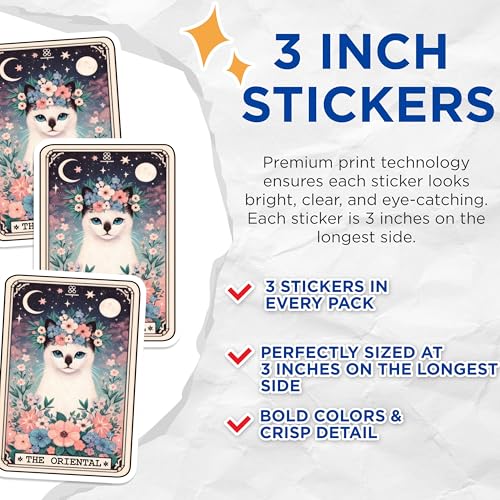 (3 Pack) Oriental Cat Decals - Floral Crown Siamese - Tarot Card Laptop Decal - 3 Inches On Longest Side - Easy Peel & Apply - Made in USA - 3MCS4010