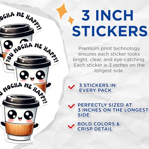 (3 Pack) Coffee Decals - Kawaii Coffee - You Mocha Me Happy Decals - 3 Inches On Longest Side - Easy Peel & Apply - Made in USA - 3MCS2070