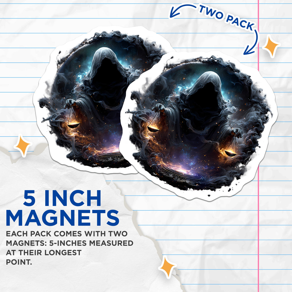 (2 Pack) Cosmic Grim Reaper Magnets - Dark Fantasy Art Decor - Celestial Scales Spiritual - 5 Inches On Longest Side - Thick Durable Magnet - Made in USA - MAG37882