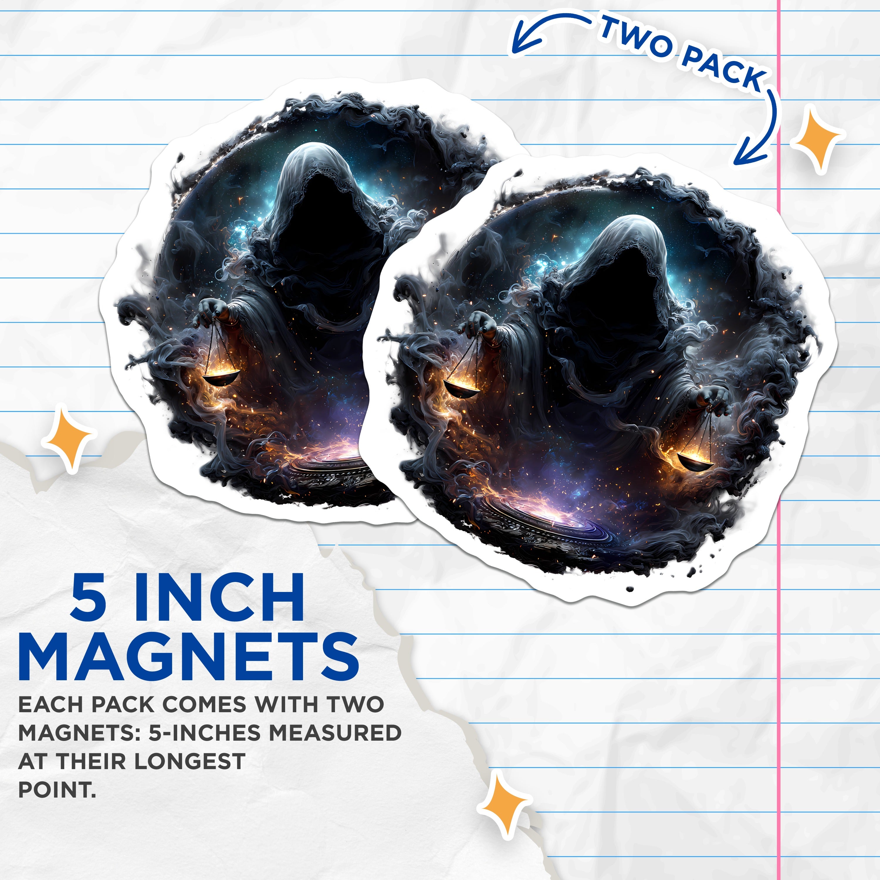 (2 Pack) Cosmic Grim Reaper Magnets - Dark Fantasy Art Decor - Celestial Scales Spiritual - 5 Inches On Longest Side - Thick Durable Magnet - Made in USA - MAG37882