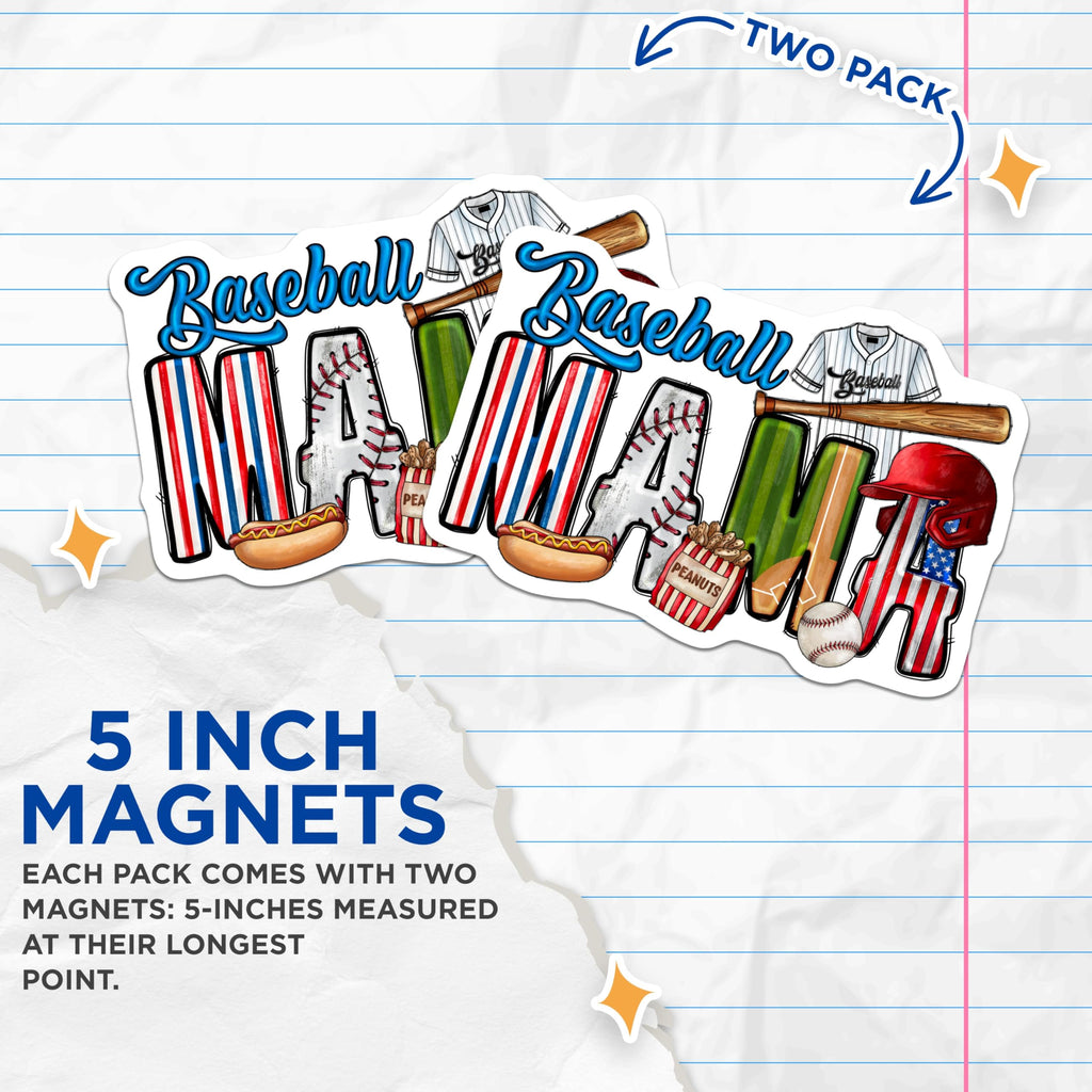 (2 Pack) Baseball Mama Magnets - Sports Mom Display - Game Day Refrigerator Decor - 5 Inches On Longest Side - Thick Durable Magnet - Made in USA - MAG26711