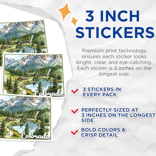 (3 Pack) Colorado Decals - Mountain Landscape - State Pride Stickers - 3 Inches On Longest Side - Easy Peel & Apply - Made in USA - 3MCS0129