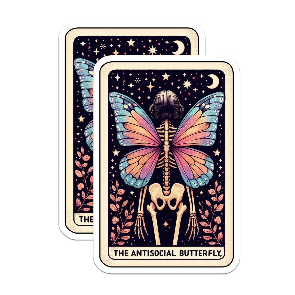 (2 Pack) The Antisocial Butterfly Stickers - Skeleton Butterfly Art Stickers - Unique Gothic Stickers - 5" On Longest Side - Sticks to Smooth Flat Surfaces - Made in USA - BMCS5346