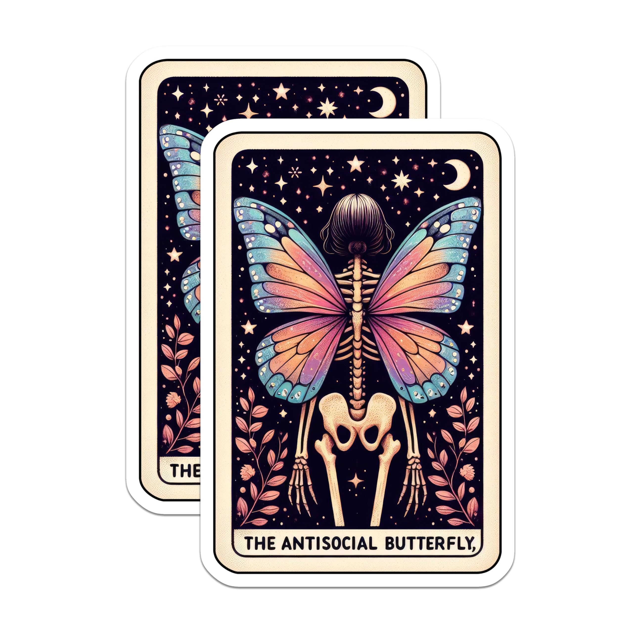 (2 Pack) The Antisocial Butterfly Stickers - Skeleton Butterfly Art Stickers - Unique Gothic Stickers - 5" On Longest Side - Sticks to Smooth Flat Surfaces - Made in USA - BMCS5346