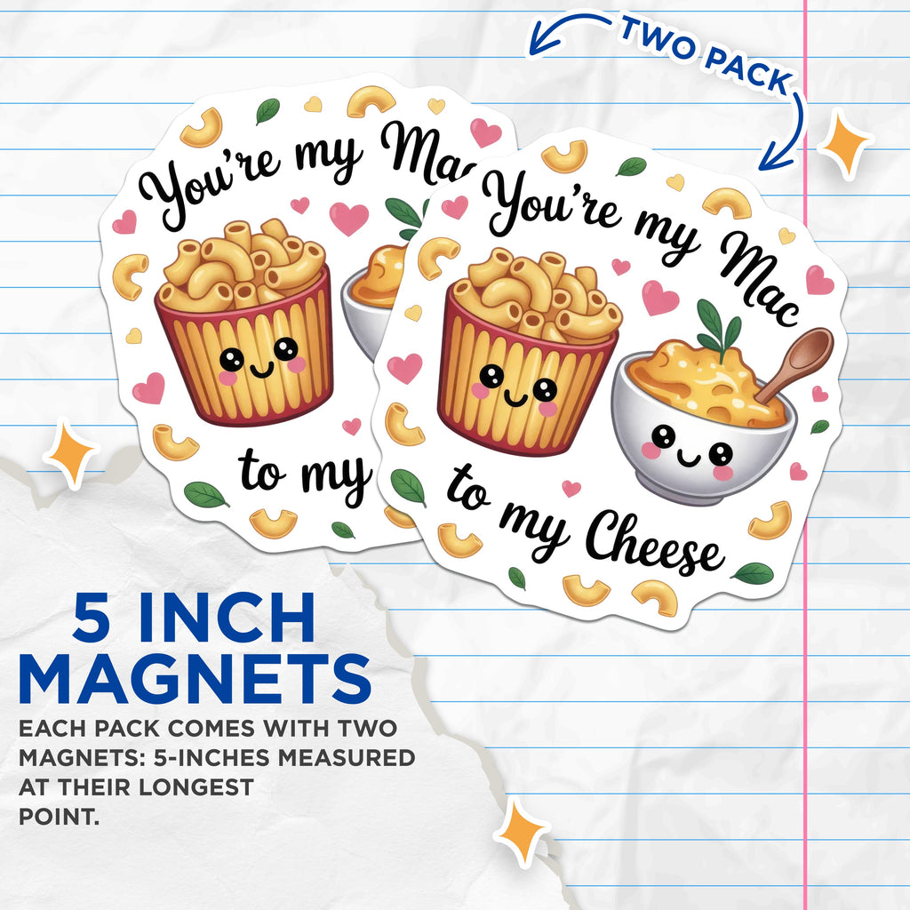 (2 Pack) Mac and Cheese Magnets - Cute Couple Foodie Decor - Romantic Pun - Valentine's Day Kitchen - 5 Inches On Longest Side - Thick Durable Magnet - Made in USA - MAG36527