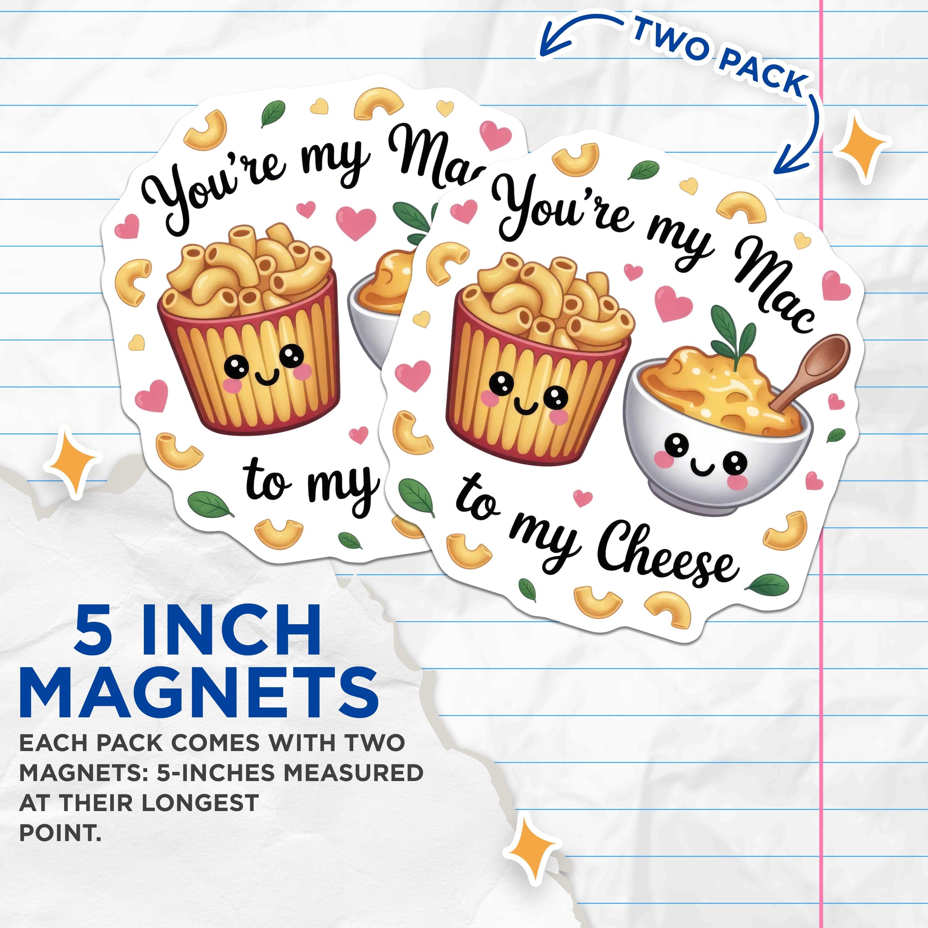 (2 Pack) Mac and Cheese Magnets - Cute Couple Foodie Decor - Romantic Pun - Valentine's Day Kitchen - 5 Inches On Longest Side - Thick Durable Magnet - Made in USA - MAG36527