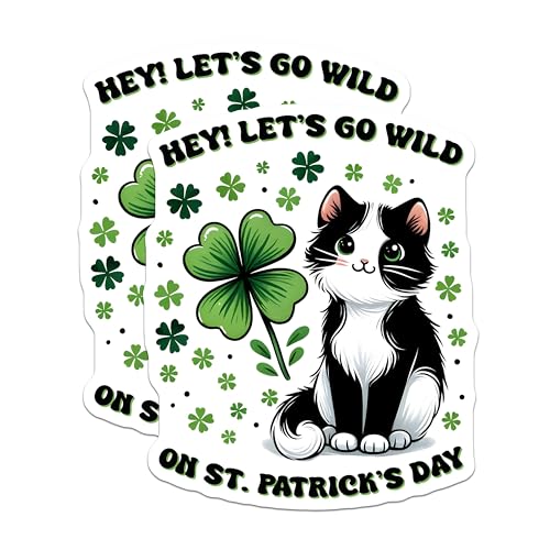 (2 Pack) St Patrick's Day Stickers - Cute Cat - Let's Go Wild - 5" On Longest Side - Sticks to Smooth Flat Surfaces - Made in USA - BMCS8111
