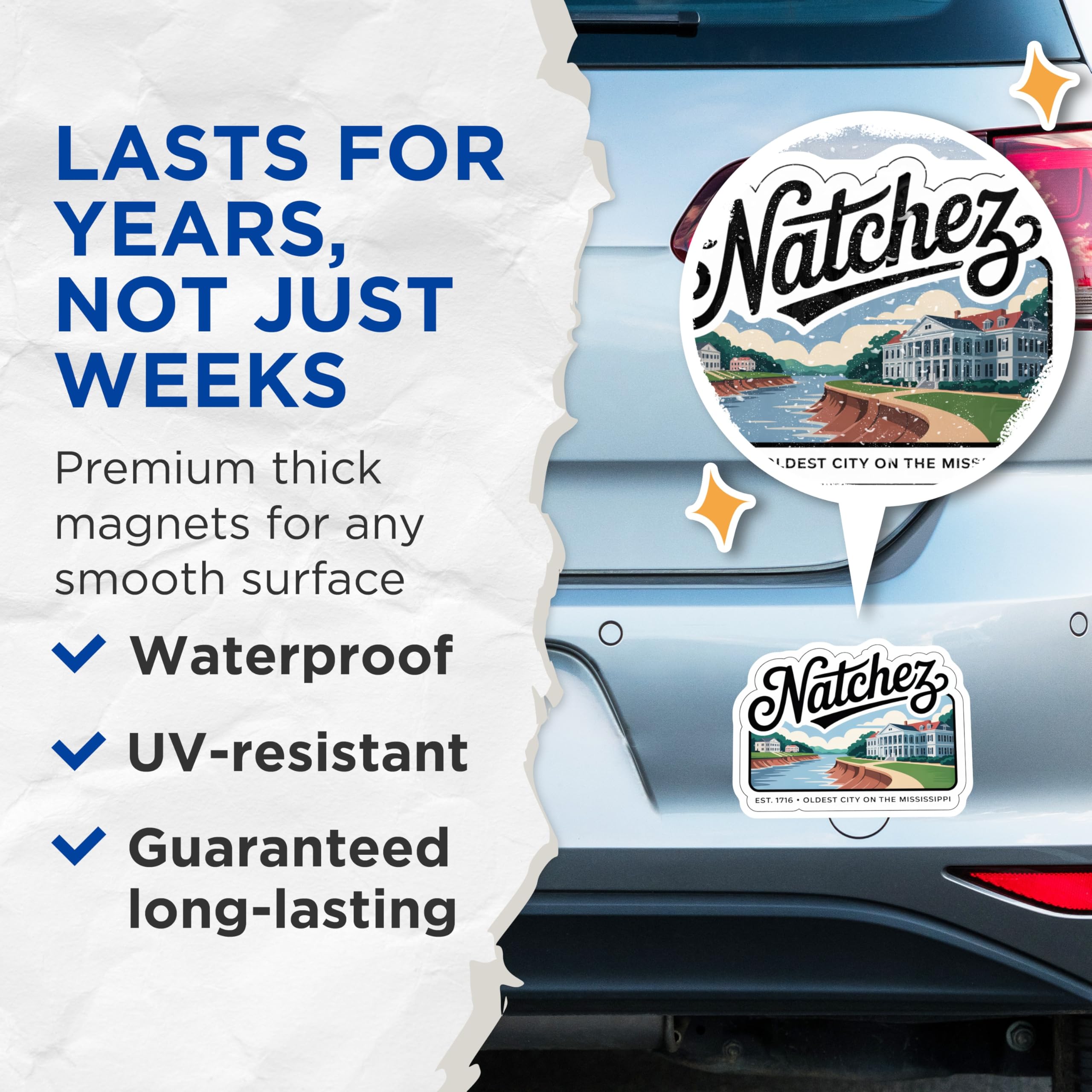 (2 Pack) Natchez Mississippi Magnets - Oldest City - River Town Souvenir - 5" On Longest Side - Premium Magnet - for Cars, Refrigerators, Toolboxes, Lockers - Made in USA - MAG18854