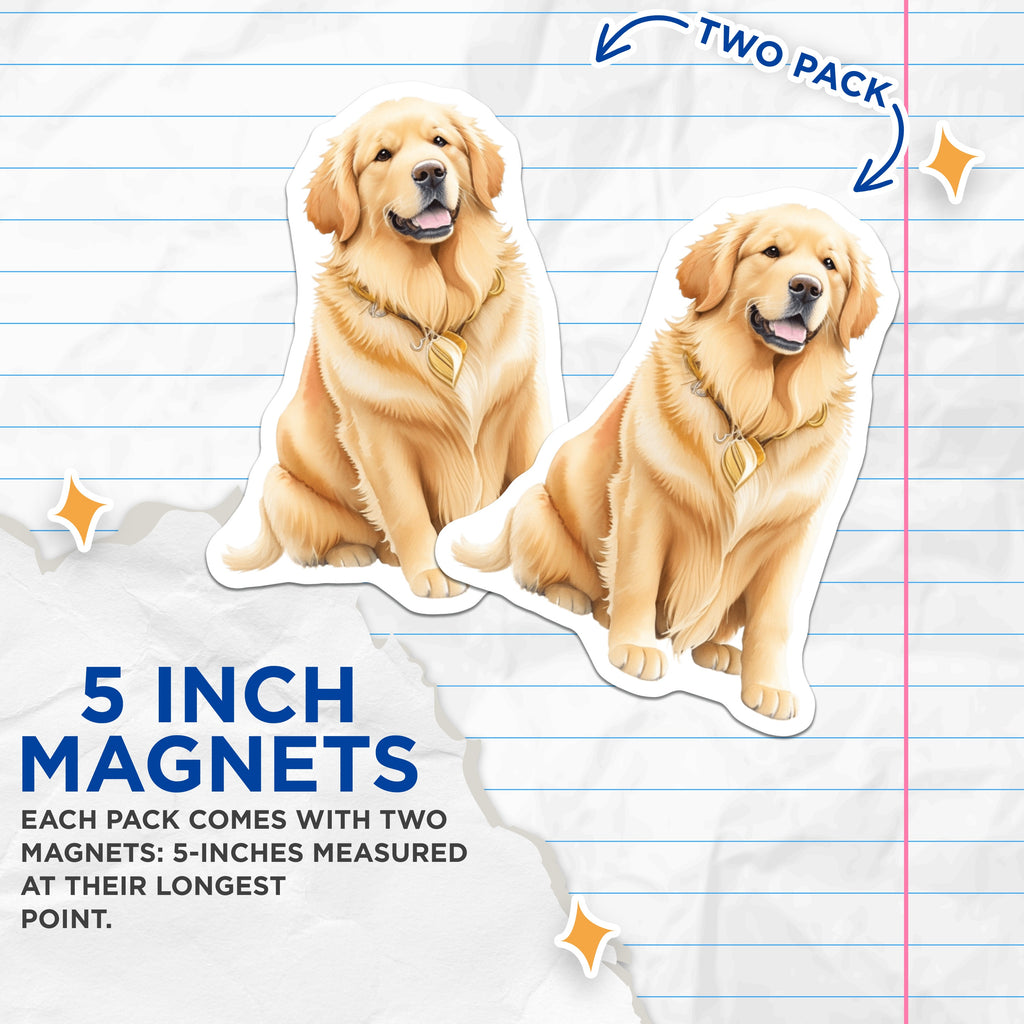 (2 Pack) Golden Retriever Magnets - Happy Dog Lover Refrigerator Decor - Cute Pet Parent Art - Fur Baby Home Accessory - 5 Inches On Longest Side - Thick Durable Magnet - Made in USA - MAG36572