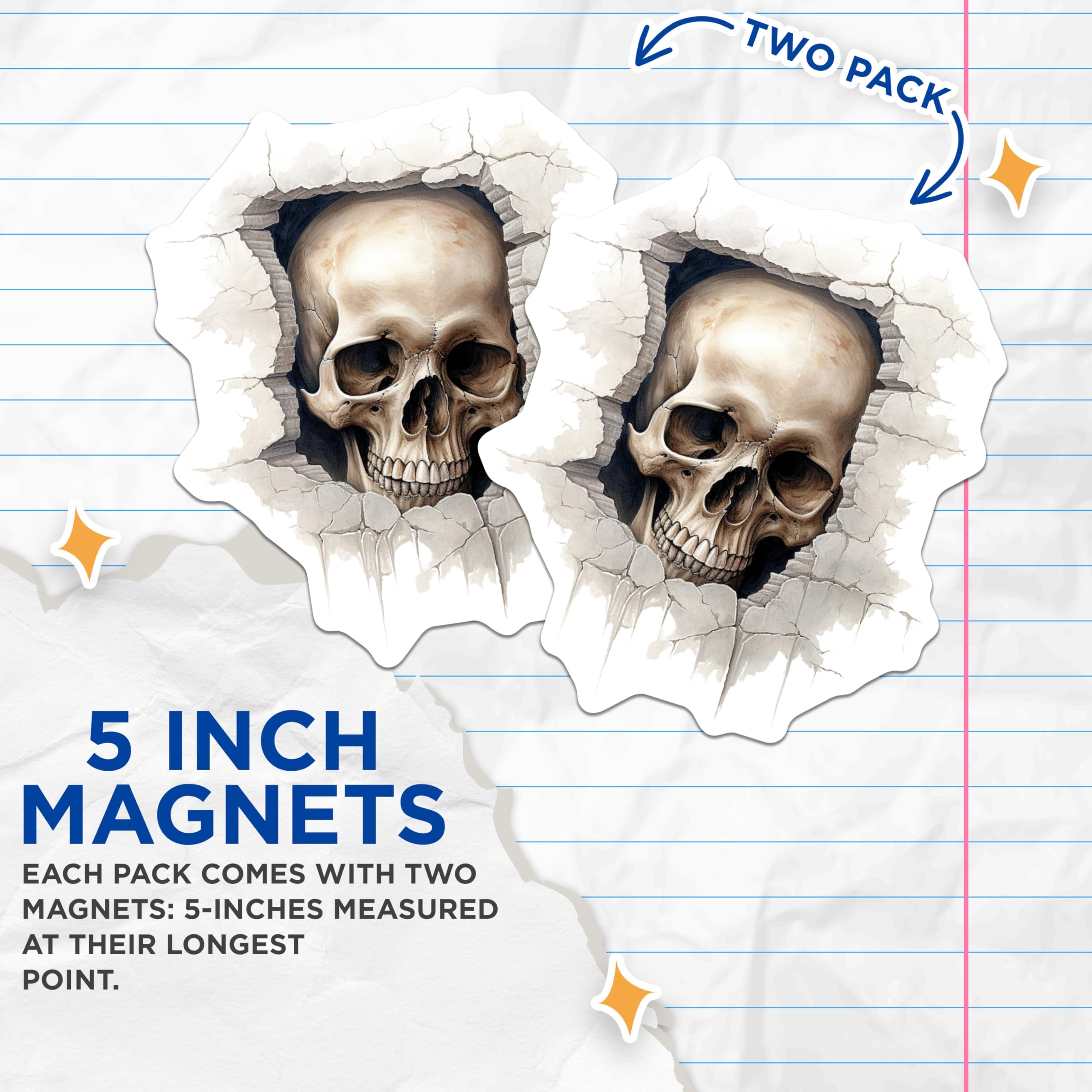 (2 Pack) Human Skull Magnets - Cracked Wall Art - Gothic Decor - Dark Academia Aesthetic Accessories - 5 Inches On Longest Side - Thick Durable Magnet - Made in USA - MAG22028