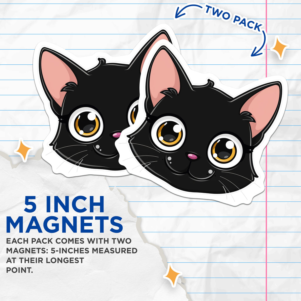 (2 Pack) Cute Black Cat Magnets - Kawaii Kitty Decor - Pet Lover Refrigerator Accent - 5 Inches On Longest Side - Thick Durable Magnet - Made in USA - MAG39465