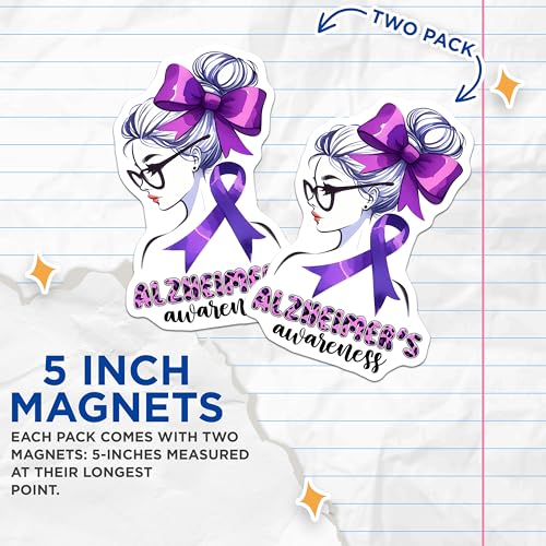 (2 Pack) Purple Ribbon Magnet - Support Alzheimer's Research - 5" On Longest Side - Sticks to Smooth Flat Surfaces - Made in USA - MAG9796