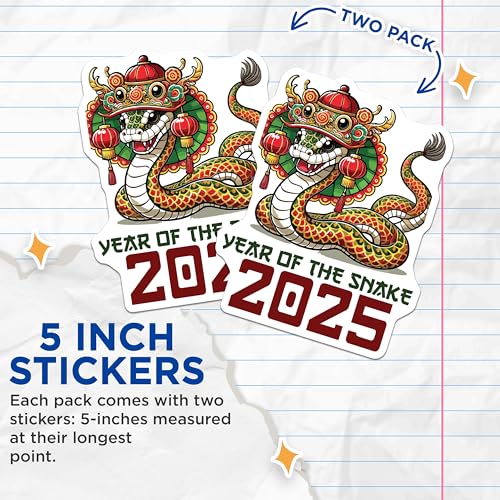 (2 Pack) Year of The Snake Stickers - Chinese Zodiac - 2025 Celebration - 5" On Longest Side - Sticks to Smooth Flat Surfaces - Made in USA - BMCS6179