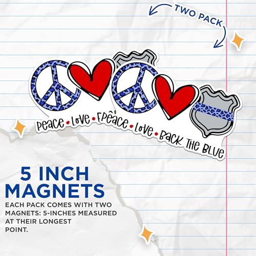 (2 Packs) Peace Love Back The Blue Magnets - Policeman Wife Support Magnets - 5 Inches On Longest Side - Premium Magnet - for Fridges, Toolboxes, Cars - Made in USA - MAG2357
