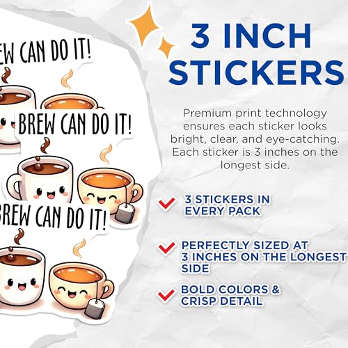 (3 Pack) Brew Can Do It Decals - Coffee Tea Stickers - Laptop Decal - 3 Inches On Longest Side - Easy Peel & Apply - Made in USA - 3MCS2059