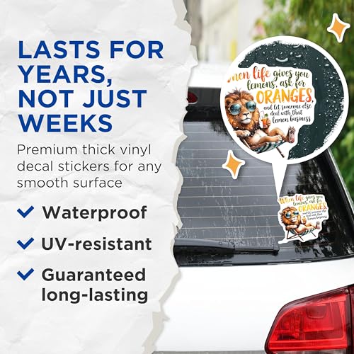 (2 Pack) Motivational Lion Stickers - Funny Quote Stickers - Inspirational Animal Stickers - 5" On Longest Side - Sticks to Smooth Flat Surfaces - Made in USA - BMCS6070
