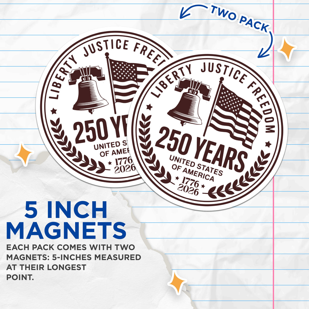 (2 Pack) USA 250th Anniversary Magnets - Patriotic American Decor - United States History Souvenir - 5 Inches On Longest Side - Thick Durable Magnet - Made in USA - MAG36537