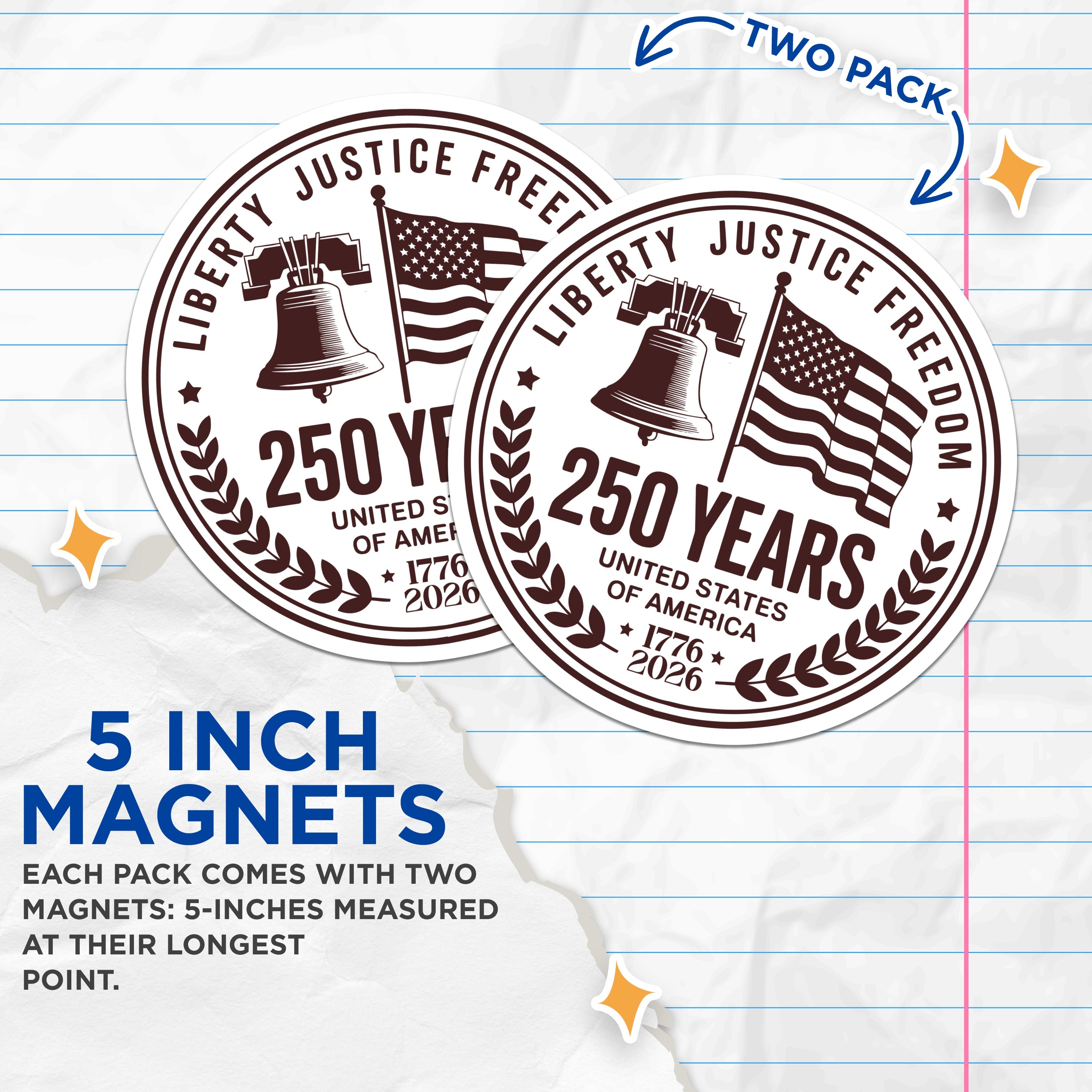 (2 Pack) USA 250th Anniversary Magnets - Patriotic American Decor - United States History Souvenir - 5 Inches On Longest Side - Thick Durable Magnet - Made in USA - MAG36537