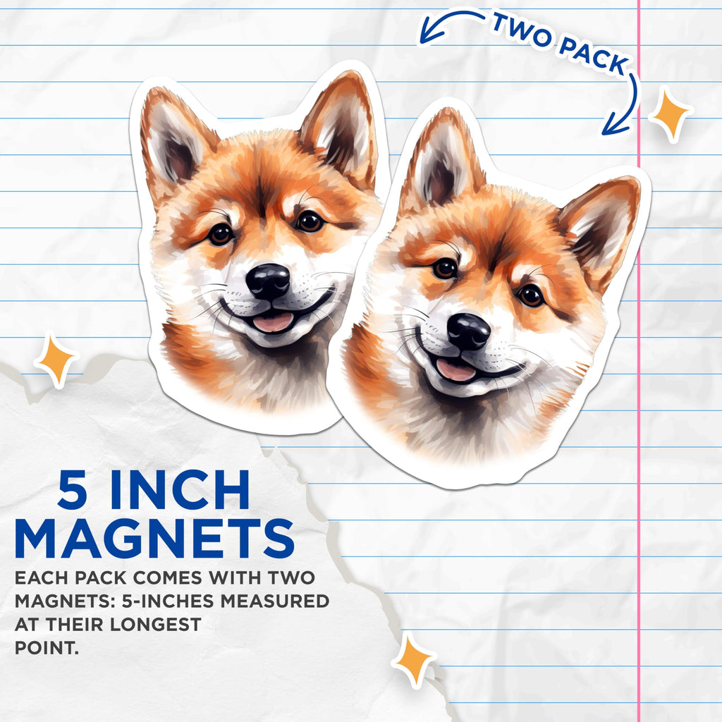 (2 Pack) Shiba Inu Magnets - Cute Dog Lover Decor - Smiling Pet Refrigerator Accessories - Japanese Breed Art - 5 Inches On Longest Side - Thick Durable Magnet - Made in USA - MAG29459