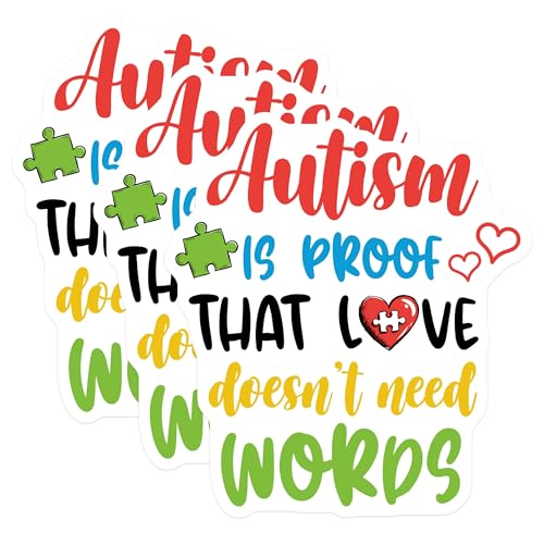 (3 Pack) Autism Awareness Decals - Love Needs No Words - Autism Puzzle Pieces - 3 Inches On Longest Side - Easy Peel & Apply - Made in USA - 3MCS7196