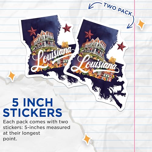 (2 Pack) Louisiana Travel Stickers - State Souvenir Art - Scenic Vacation Decals - 5" On Longest Side - Sticks to Smooth Flat Surfaces - Made in USA - BMCS6299