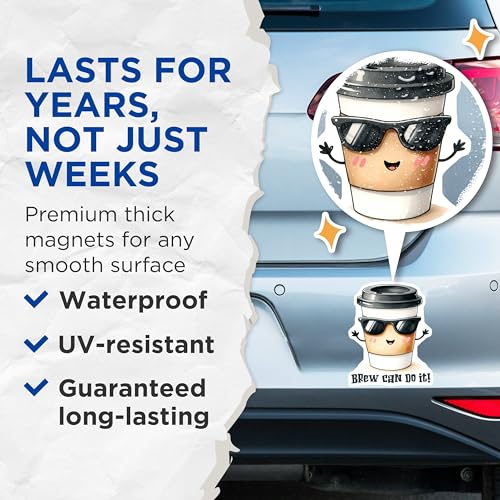(2 Pack) Coffee Lover Magnets - Cute Coffee Cup Fridge Magnets - Motivational Coffee Quote Magnets - 5" On Longest Side - for Cars, Refrigerators, Toolboxes, Lockers - Made in USA BMCS3297