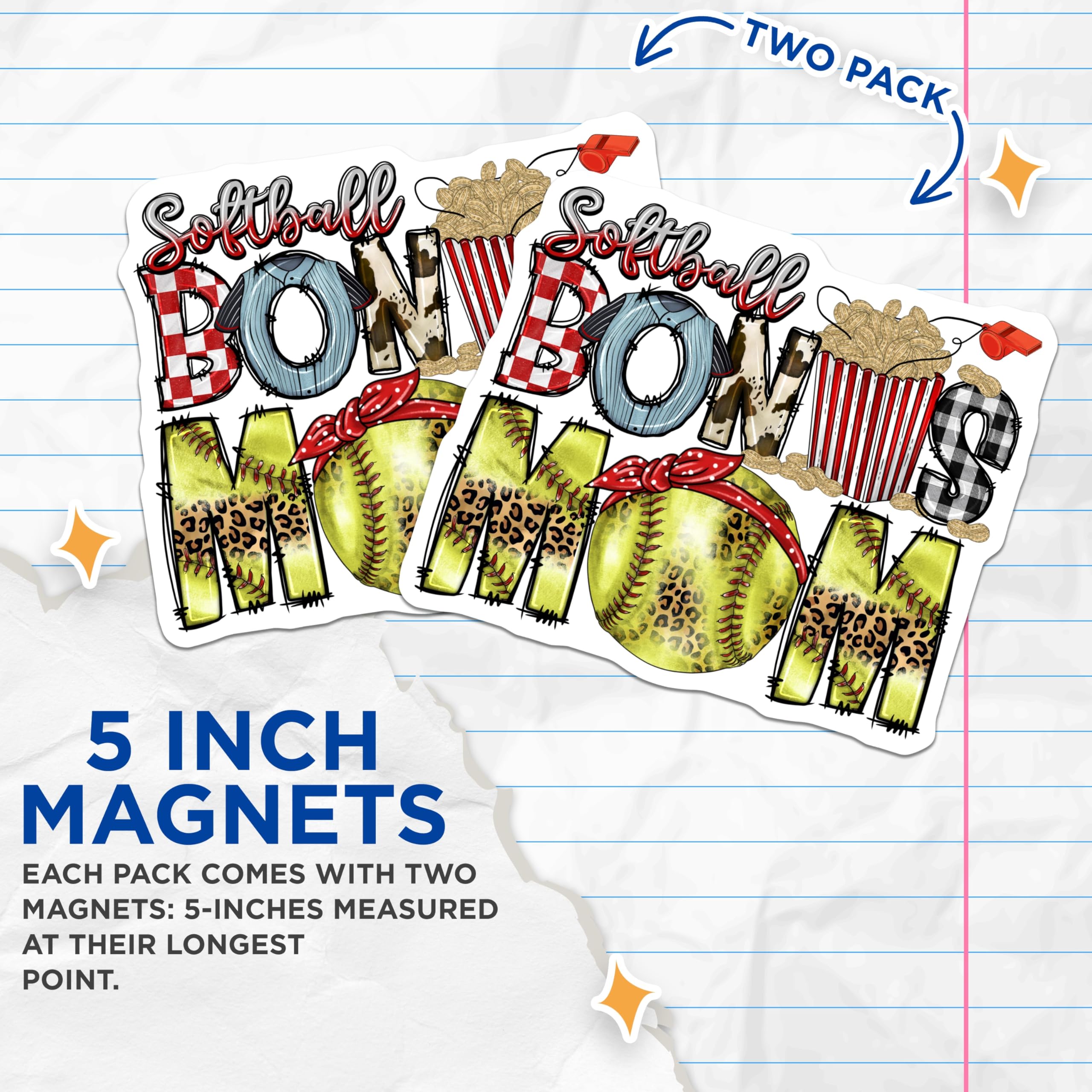(2 Pack) Softball Bonus Mom Magnets - Leopard Print Sports Fan - Game Day Team Step Mom Accessory - 5 Inches On Longest Side - Thick Durable Magnet - Made in USA - MAG30927