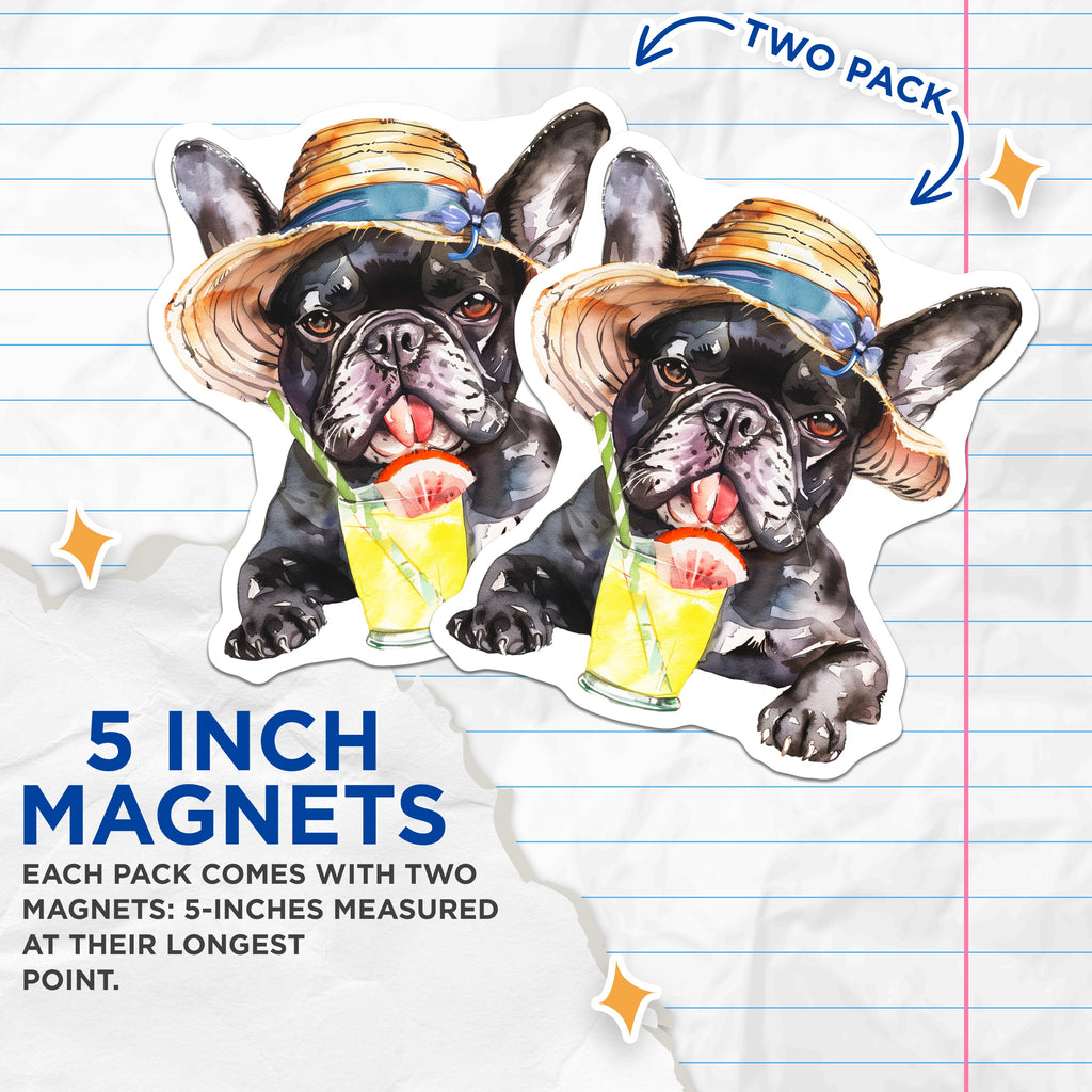 (2 Pack) French Bulldog Magnets - Straw Hat Summer Dog - Dog Mom Kitchen Decor - 5 Inches On Longest Side - Thick Durable Magnet - Made in USA - MAG36809