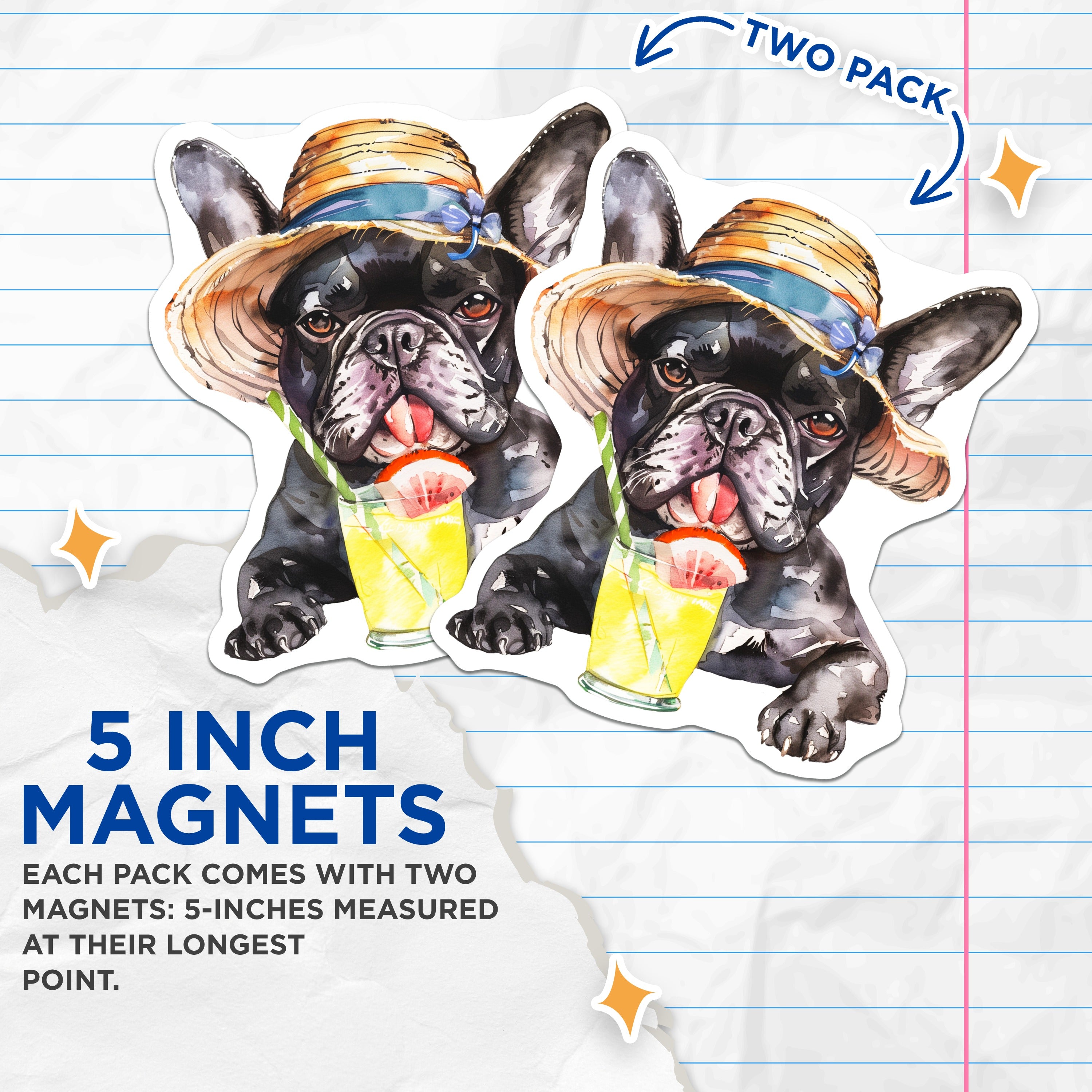 (2 Pack) French Bulldog Magnets - Straw Hat Summer Dog - Dog Mom Kitchen Decor - 5 Inches On Longest Side - Thick Durable Magnet - Made in USA - MAG36809