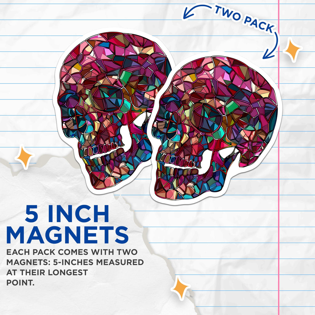 (2 Pack) Skull Magnets - Geometric Skull - Colorful Skull Art - 5" On Longest Side - Premium Magnet - for Cars, Refrigerators, Toolboxes, Lockers - Made in USA - MAG17106
