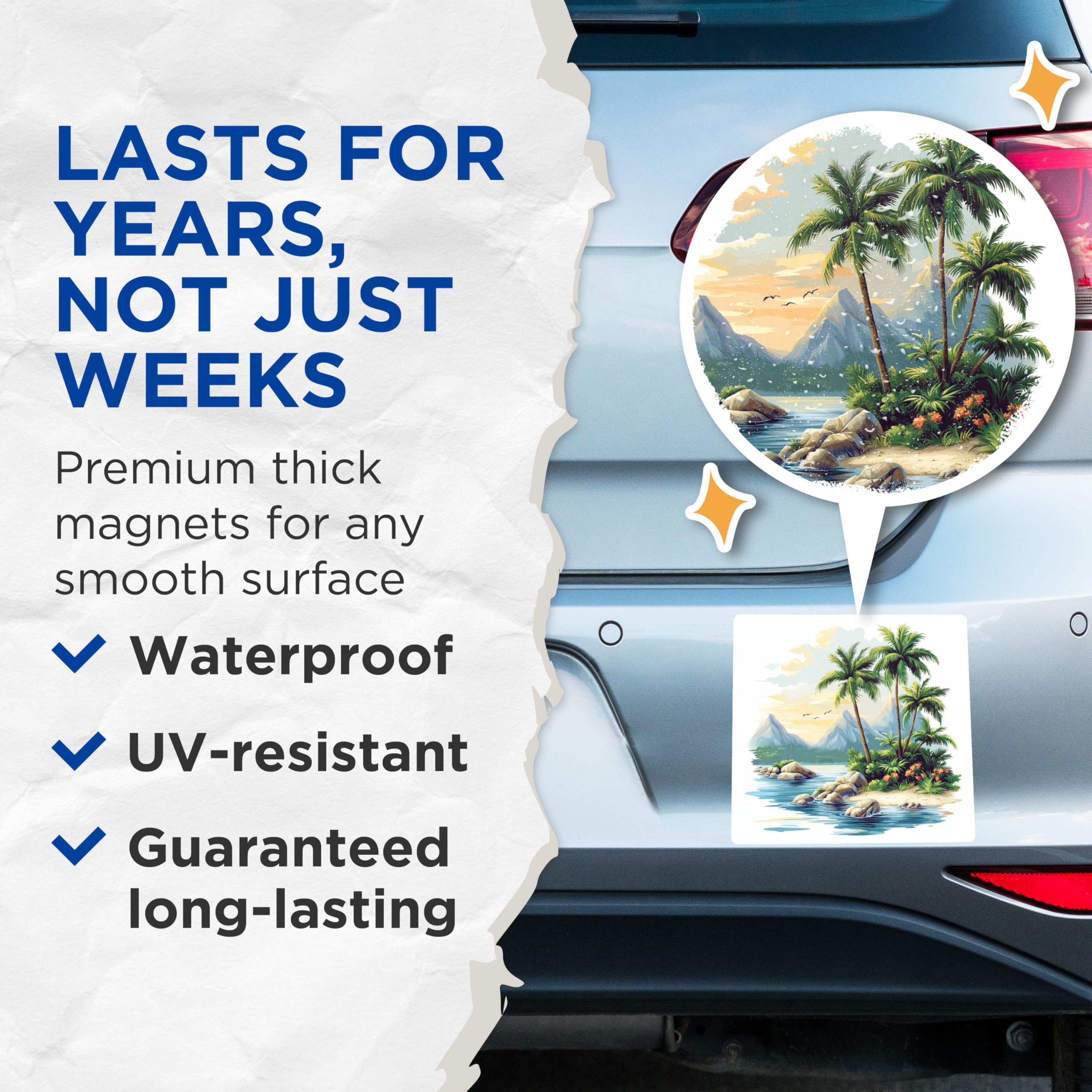 (2 Pack) Tropical Island Magnets - Palm Tree Beach Scene - Ocean Sunset Decor - 5 Inches On Longest Side - Thick Durable Magnet - Made in USA - MAG24249