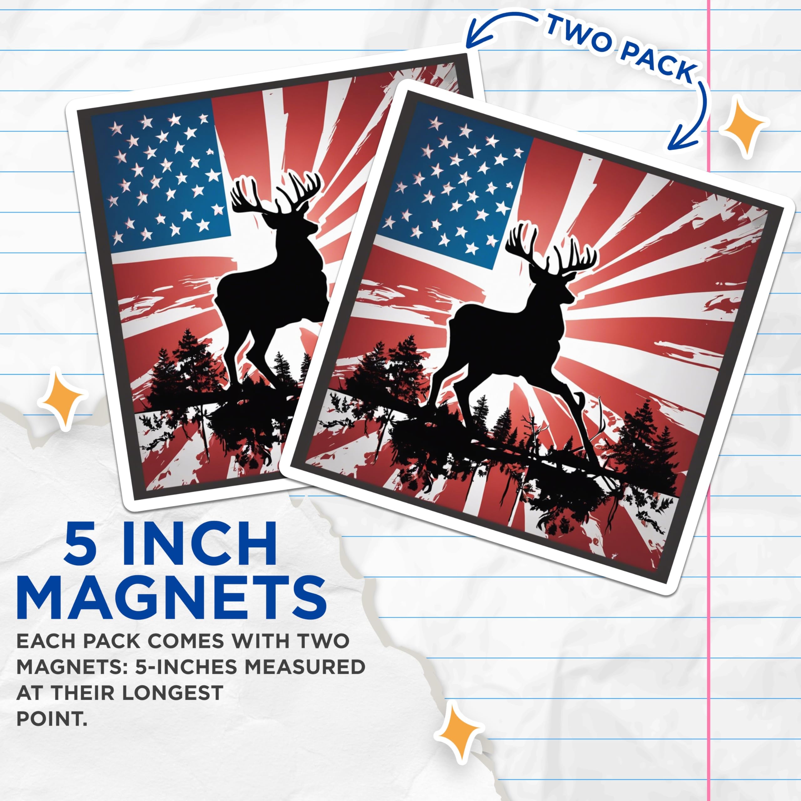 (2 Pack) USA Flag Deer Magnets - Patriotic Hunting Wildlife - Rustic Forest Scene - American Hunter Decor Emblem - 5 Inches On Longest Side - Thick Durable Magnet - Made in USA - MAG19625