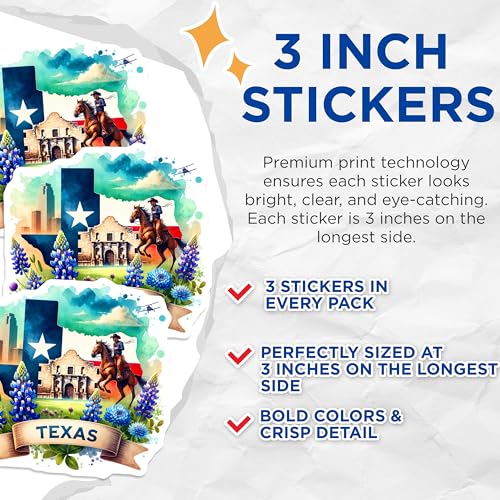 (3 Pack) Texas Pride Decals - Cowboy - Lone Star State Decor- 3 Inches On Longest Side - Easy Peel & Apply - Made in USA - 3MCS5478