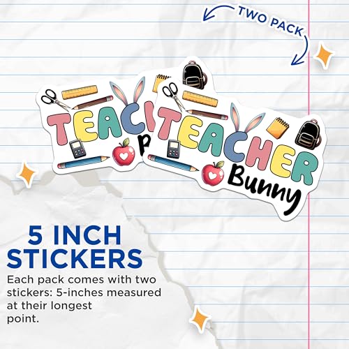 (2 Pack) Teacher Bunny Stickers - Cute Teacher Accessories - Classroom Decor - 5" On Longest Side - Sticks to Smooth Flat Surfaces - Made in USA - BMCS8150