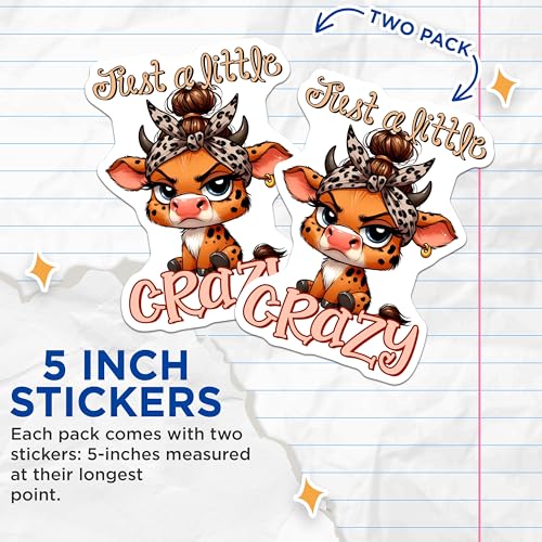 (2 Pack) Just a Little Crazy Stickers - Funny Animal Stickers - Quirky Cartoon Cow Decal - 5" On Longest Side - Sticks to Smooth Flat Surfaces - Made in USA - BMCS3785