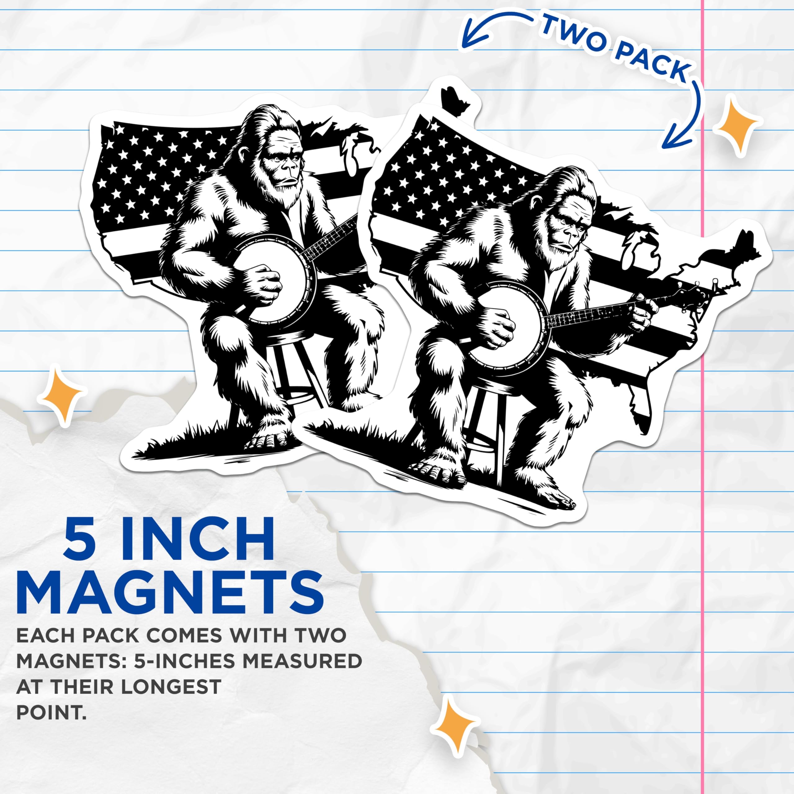 (2 Pack) Bigfoot Banjo Magnets - Patriotic USA Flag Sasquatch - American Cryptid Folk Art - 5 Inches On Longest Side - Thick Durable Magnet - Made in USA - MAG20766