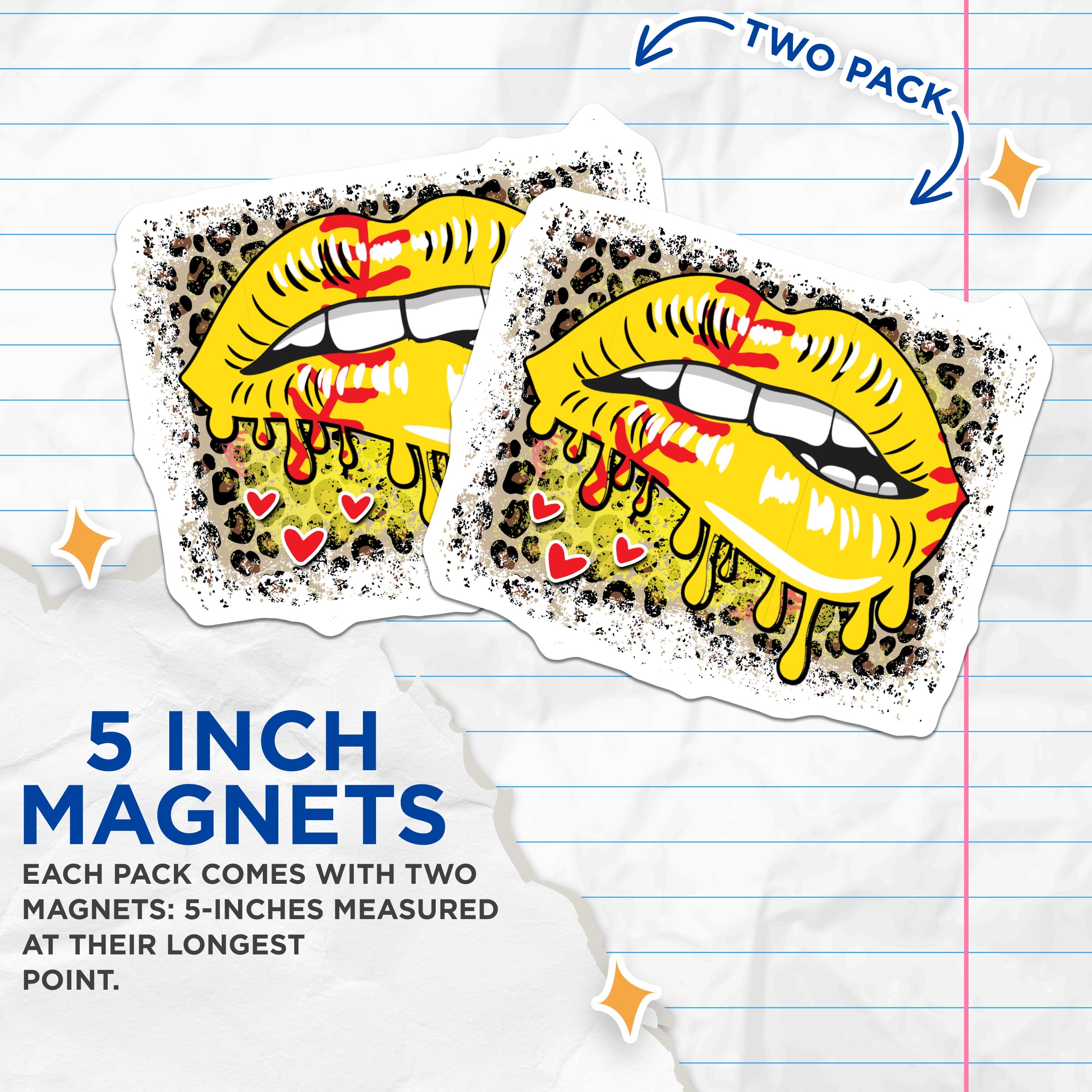 (2 Pack) Softball Lips Magnets - Leopard Print Drip - Sassy Yellow Lip Decor - Sports Mom Locker Magnet - 5 Inches On Longest Side - Thick Durable Magnet - Made in USA - MAG39642