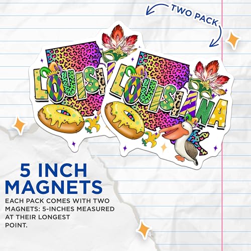 (2 Pack) Louisiana State Theme Magnets - Mardi Gras Celebration - Pelican New Orleans Art - 5" On Longest Side - for Cars, Fridges, Toolboxes - Made in USA - MAG3659