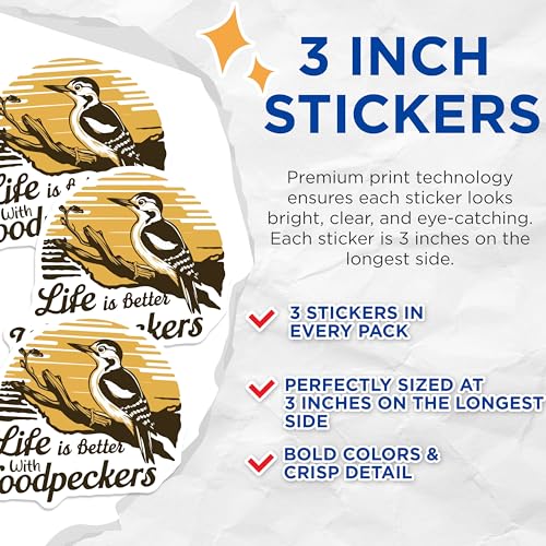 (3 Pack) Woodpecker Decals - Bird Lover - Life is Better - Laptop Decal- 3 Inches On Longest Side - Easy Peel & Apply - Made in USA - 3MCS5091